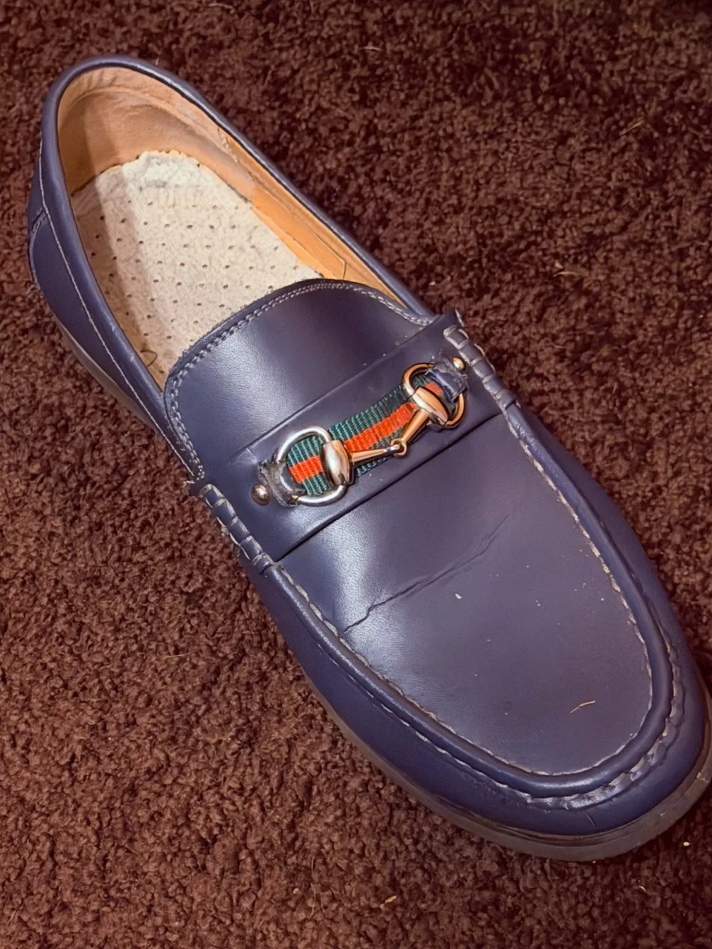 Men's Navy Leather Slip-On Loafers with Red-Green Accent